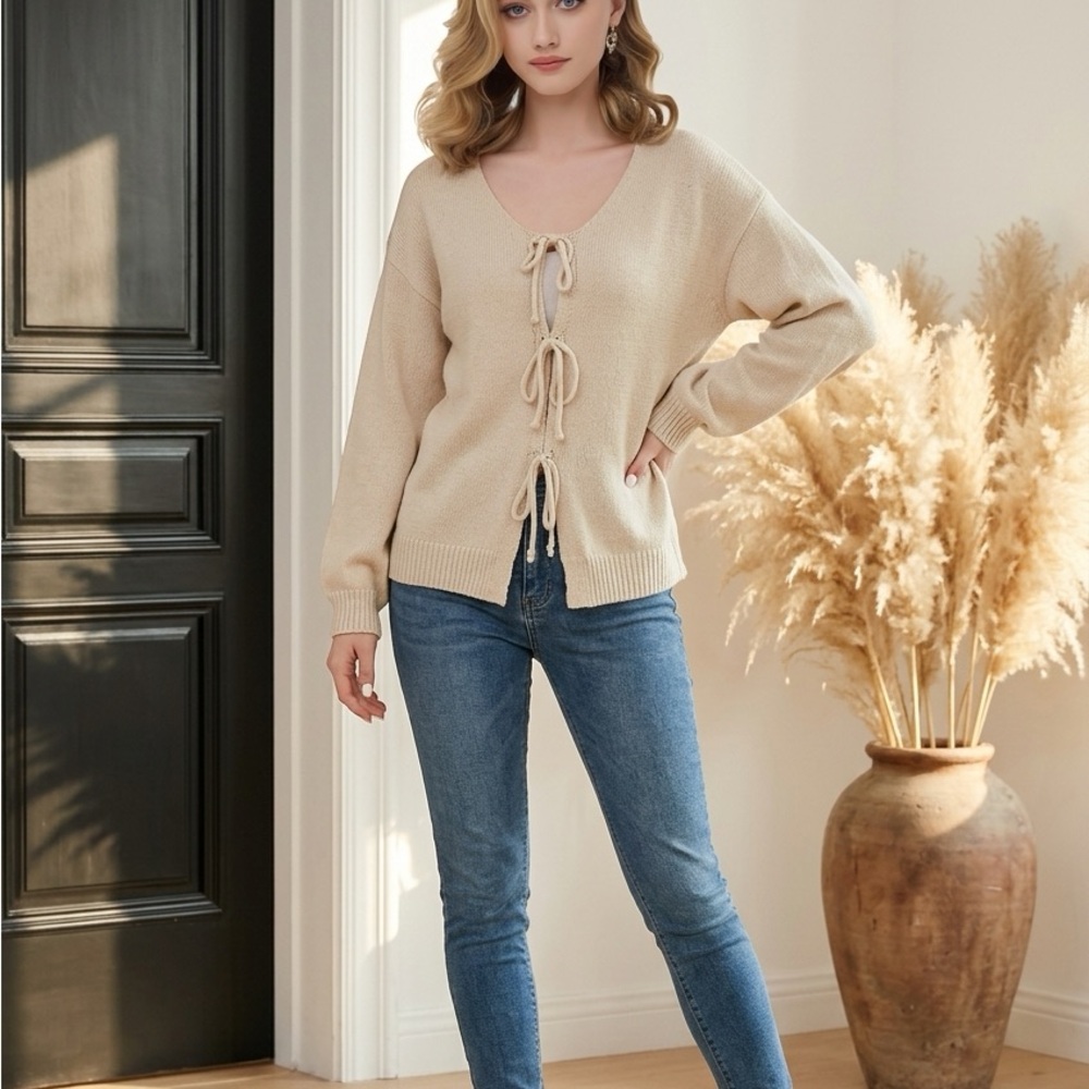Beige Tie-Front V-Neck Cardigan Sweater